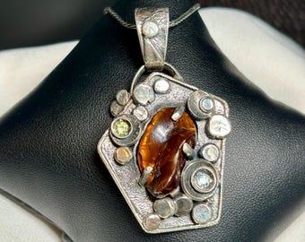 Very Unique Mexican Fire Agate with Peridot and Blue Topaz Pendant - Artisan Handmade Pendant - OOAK Statement Jewelry