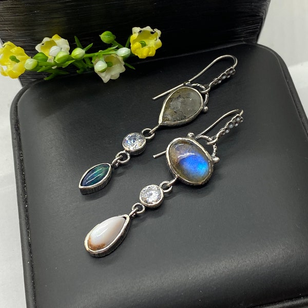 Mismatched Labradorite with Ethiopian Opal and Mexican Opal Gemstone Earrings - Artisan Handmade Earrings - OOAK