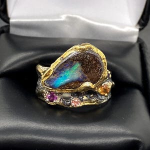 Australian Opal Sterling Silver Ring: Gold Accents, Tourmaline & Citrine
