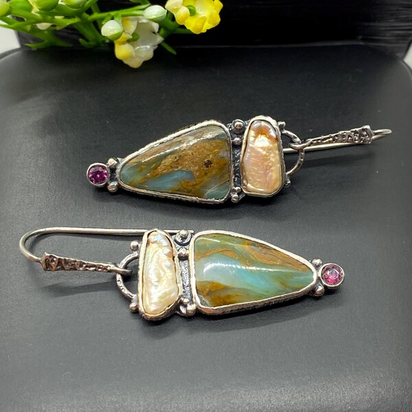Peruvian Opal with Pearls Earrings - Artisan Gemstone Earrings - Alena Zena Jewelry - OOAK