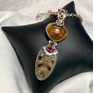 Handmade Sterling Silver Ammonite Pendant: Baltic Amber, Pearl, Ruby, Garnet