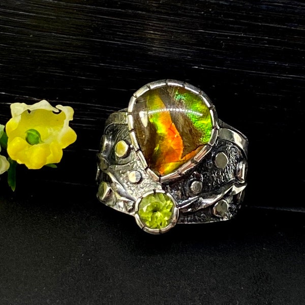 size 8 Canadian Ammolite with Peridot Ring - Artisan Handmade ring - Statement Gemstone ring - Gift for Woman - OOAK