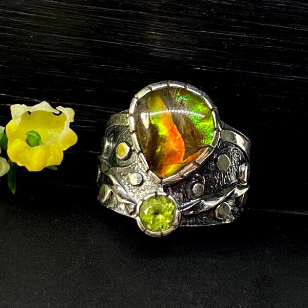 size 8 Canadian Ammolite with Peridot Ring - Artisan Handmade ring - Statement Gemstone ring - Gift for Woman - OOAK