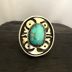 size 8  Fox Turquoise Ring - Artisan Gemstone Ring -  Statement Ring - Gift for Woman - Artisan Metal Work - Unisex ring - OOAK