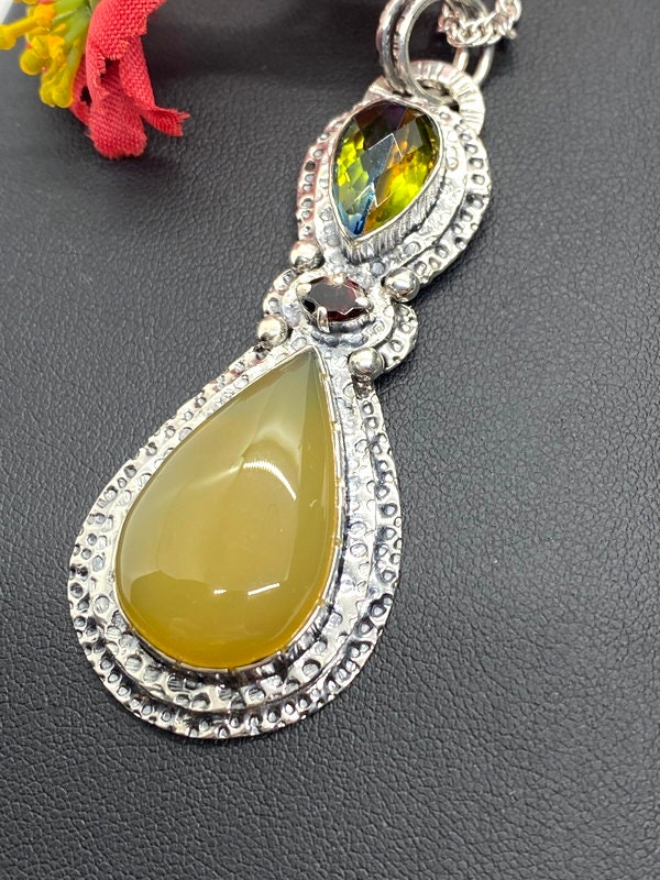 Yellow Onyx With Mystic Topaz and Garnet Pendant Handcrafted - Etsy