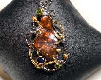 Mexican Fire Agate Pendant: 22K Gold Accents, Sapphire & Chrome Diopside