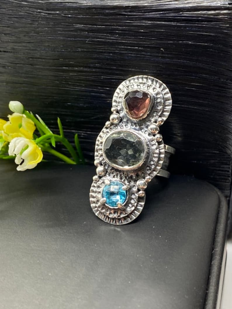 Statement ring Gift for Woman Artisan Handmade ring Green and Pink Tourmaline with Blue Topaz Ring