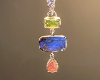 Australian Opal with Pink&Green Tourmaline Gemstone Pendant - Artisan Handmade Pendant - Alena Zena Jewelry - OOAK