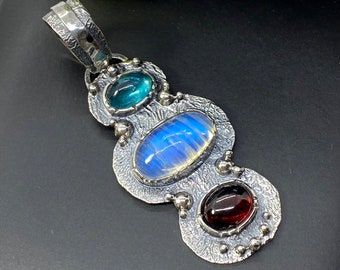 Moonstone with Garnet and Apatite Gemstone Pendant - Artisan Handmade Pendant - Alena Zena Jewelry - OOAK