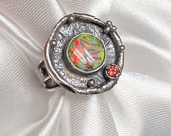 Monarch Opal with Garnet Ring - Artisan Handmade Ring - Alena Zena Jewelry - OOAK