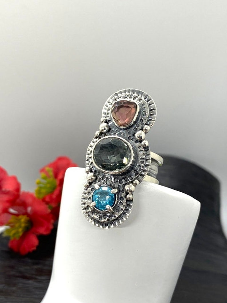 Statement ring Gift for Woman Artisan Handmade ring Green and Pink Tourmaline with Blue Topaz Ring