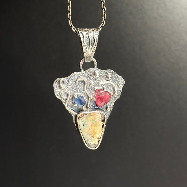 Australian Opal with Pink Tourmaline and Kyanite Pendant - Alena Zena Jewelry - Artisan Handmade Pendant - OOAK