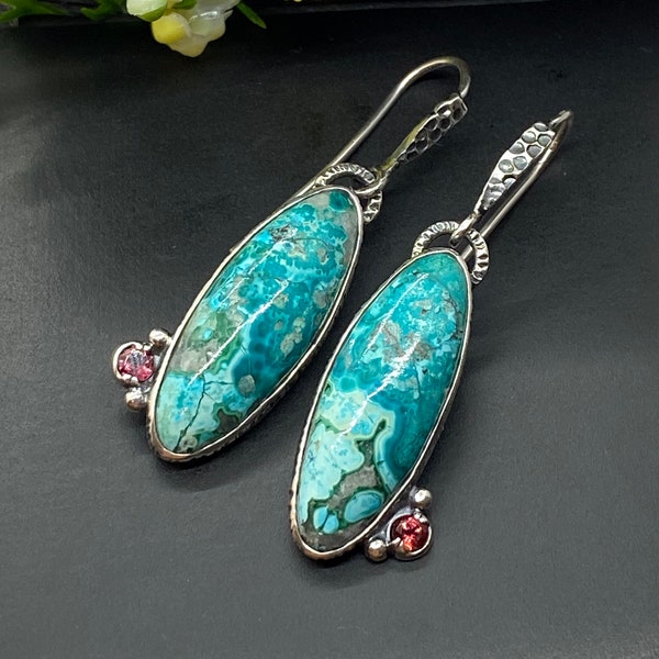 Azurite Chrysocolla wit Garnet Gemstone Earrings - Artisan Gemstone Earrings - Alena Zena Jewelry - OOAK