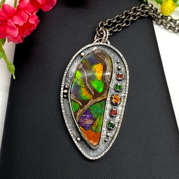 RESERVED for C. Ammonite inlaid with Ammolite gemstone pendant - Artisan Handcrafted necklace - Unique Statement pendant - OOAK