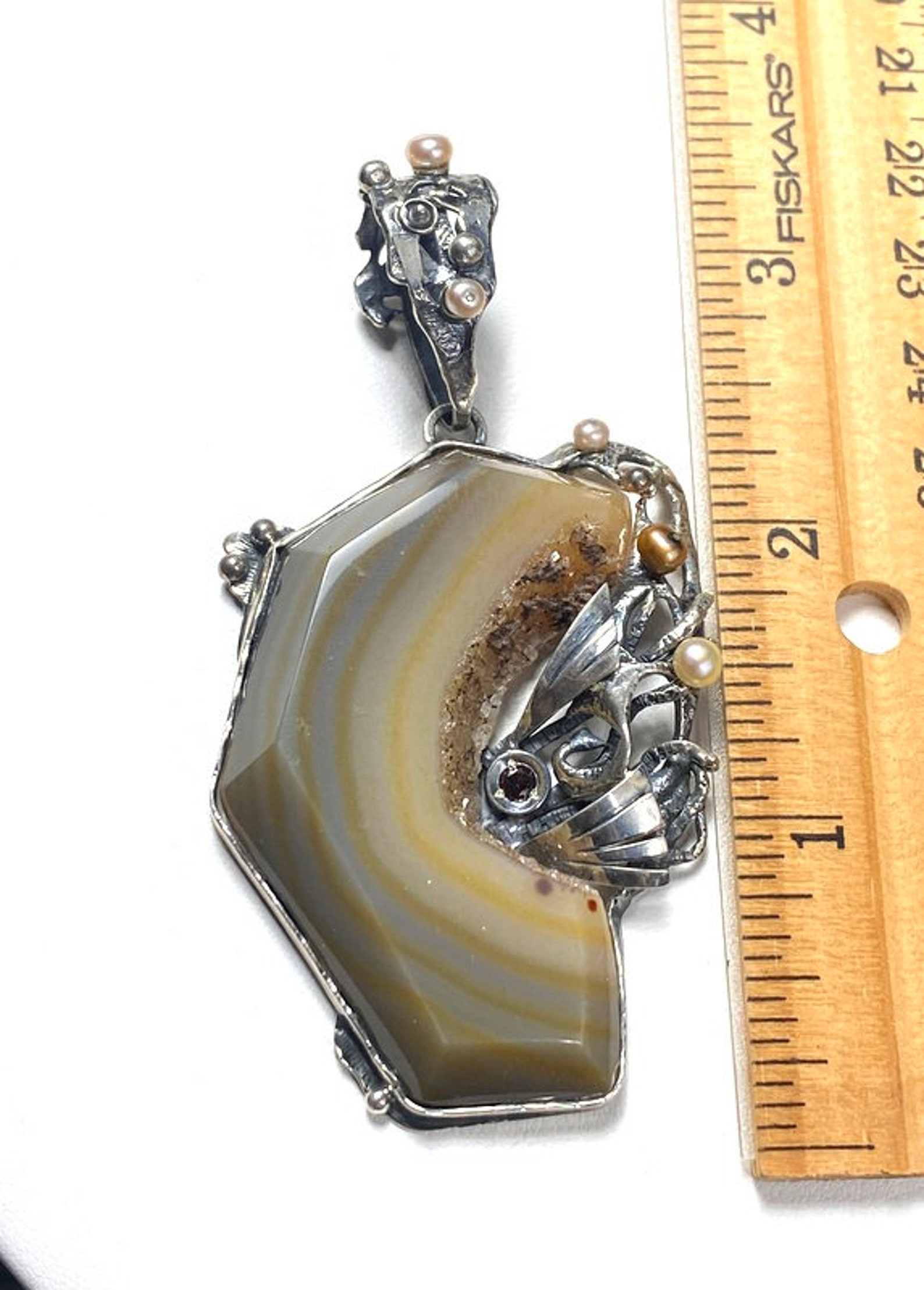 Druzy Agate & Black Rutilated Quartz Pendant