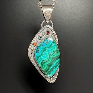 Chrysocolla, Citrine, Garnet & London Blue Topaz Sterling Silver Pendant