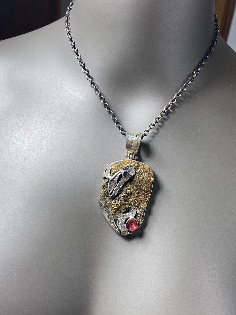 Big Rainbow druzy pendant unisex pendant Pink Tourmaline Artisan gemstone pendant OOAK