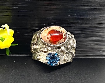 Mexican Opal with London Blue Topaz Gemstone Ring - Artisan Handmade Ring - OOAK