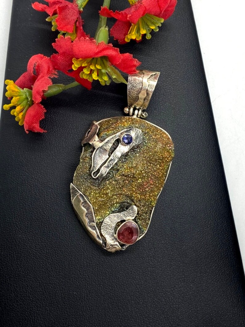 Big Rainbow druzy pendant unisex pendant Pink Tourmaline Artisan gemstone pendant OOAK