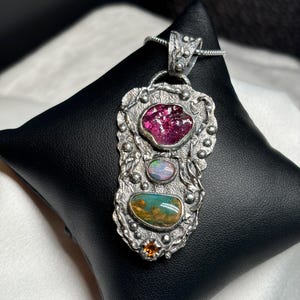 Ruby with Australian and Peruvian Opal Gemstone pendant - Artisan Handmade Pendant