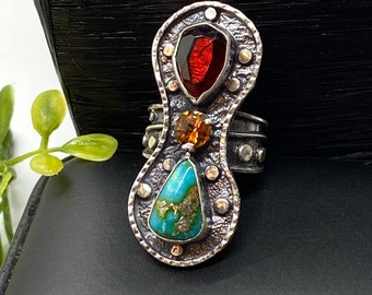 size 8 Sonoran Turquoise with Garnet and Citrine Ring - Artisan Handmade Ring - Alena Zena Jewelry - OOAK