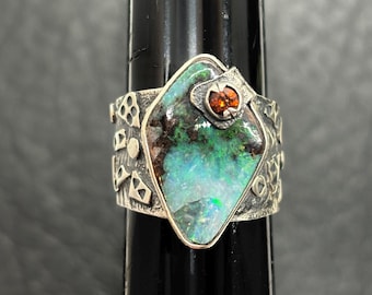 Australian Opal with Garnet Gemstone Ring - Artisan Handmade Ring - Alena Zena Jewelry - OOAK
