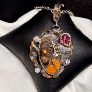 Mosaic ammonite Gemstone pendant with 24k Gold accents - Unique Design Statement pendant - OOOAK