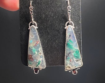 Chrysocolla Native Copper in Chalcedony with Garnet Earrings - Artisan Handmade Earrings - OOAK