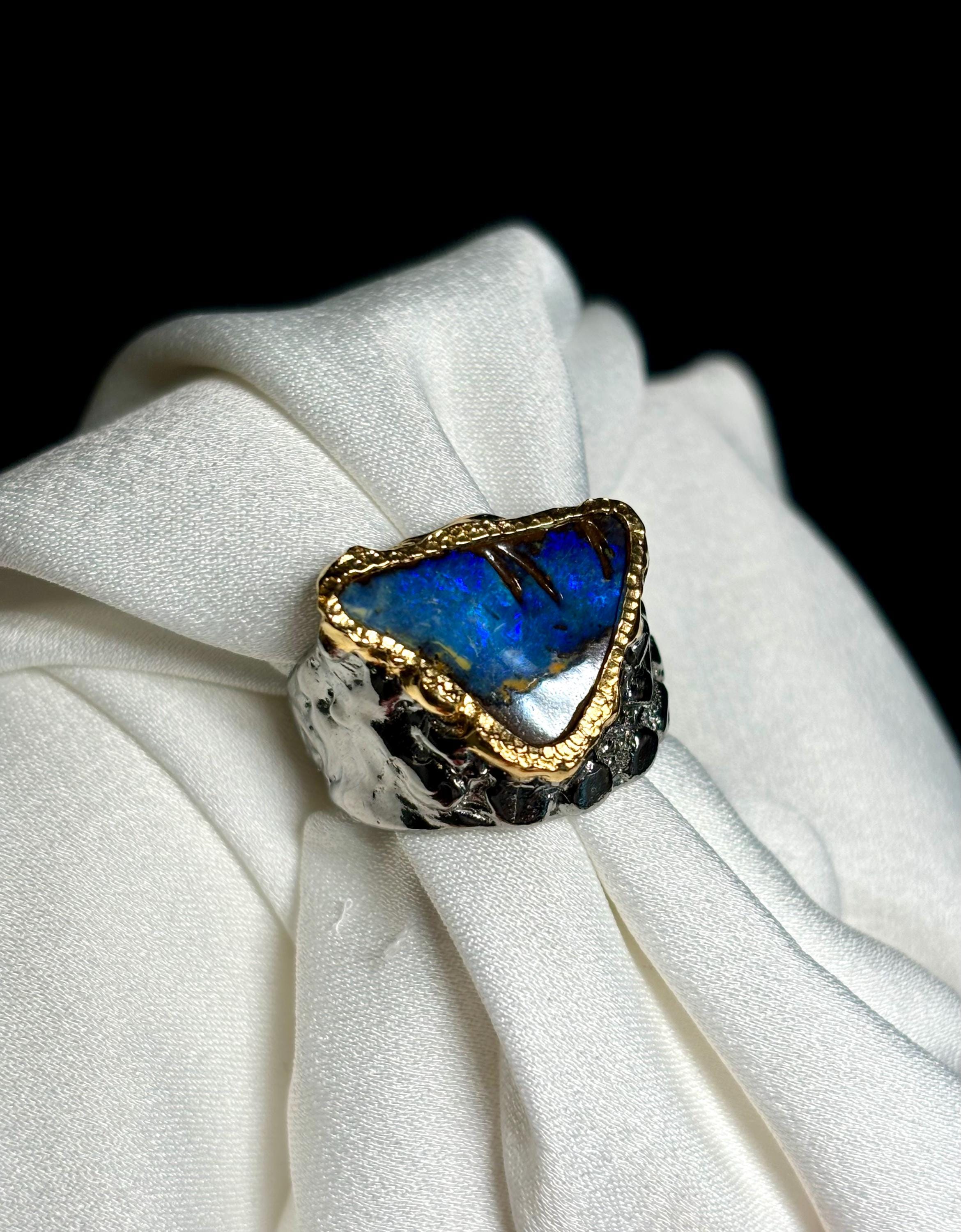 Bague Ancienne En Argent Massif Avec Opale Boulder - Taille 53 - Style Créateur - Rare