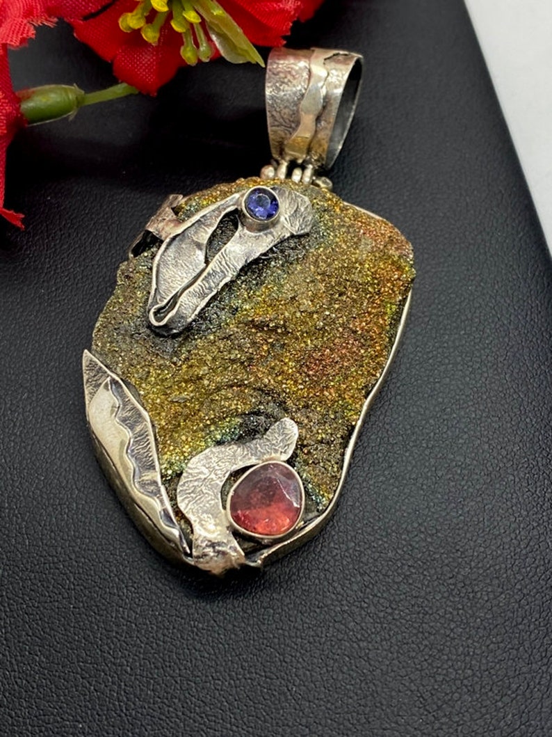 Big Rainbow druzy pendant unisex pendant Pink Tourmaline Artisan gemstone pendant OOAK