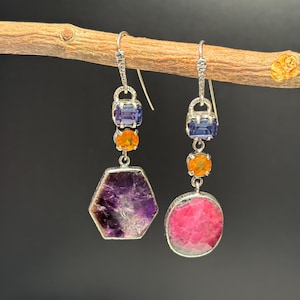 Mismatched Gemstone Earrings: Trapiche Amethyst, Ruby Zoisite, Yellow Sapphire