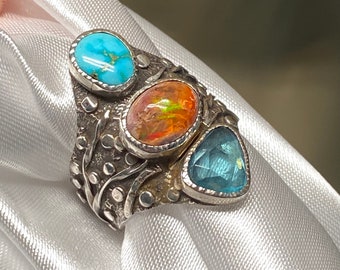 Mexican Fire Opal with Sonoran Turquoise and Tourmaline Ring - Artisan Handmade Ring - Alena Zena Jewelry - OOAK