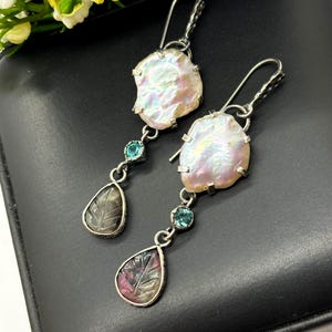 Baroque Pearls with Carved Tourmaline and Aquamarine Earrings - Artisan Handmade Earrings - OOAK