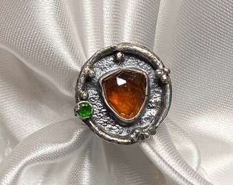 size 6 1/2 Fanta Spessartite Garnet with Chrome Diopside Ring - Artisan Handmade Ring - Alena Zena Jewelry - OOAK