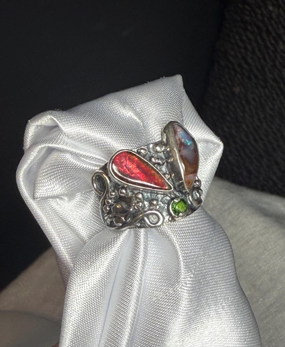 Australian Opal Ammolite Ring: Sterling Silver Artisan Ring, Size 7 1/2 - 7 3/4