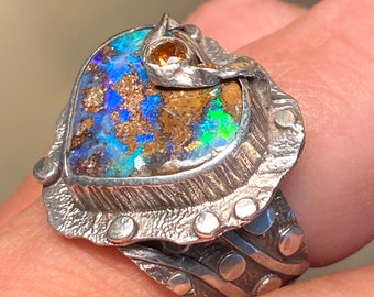 size 9 Australian Opal with Garnet Ring - Artisan Handmade Ring - Alena Zena Jewelry - OOAK