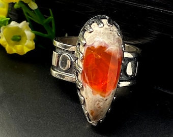 Mexican Fire Opal ring - Artisan Handmade ring - Unique Design and metalwork statement ring - OOAK