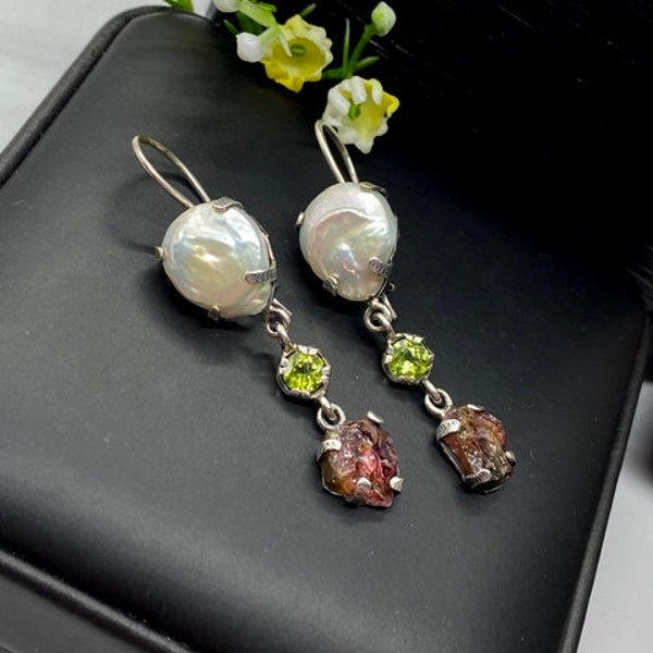 Mother of Pearl and Pink Tourmaline Gemstone Earrings - Handcrafted earrings - Artisan One of a kind earrings - Gift for Woman - OOAK