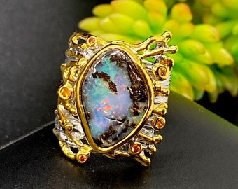 size 8 1/2 Beautiful Australian Opal Gemstone Ring with gold accents - Gift for Woman - OOAK