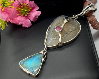 Opal Necklace, Druzy Necklace, Peruvian Opal, Blue Sapphire, Pink Tourmaline, Artisan jewelry, Pink Quartz. OOAK.