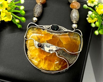 Very Unique Ammonite Fossil Pendant - Artisan  Handmade Pendant Necklace - Tourmaline Necklace - OOAK