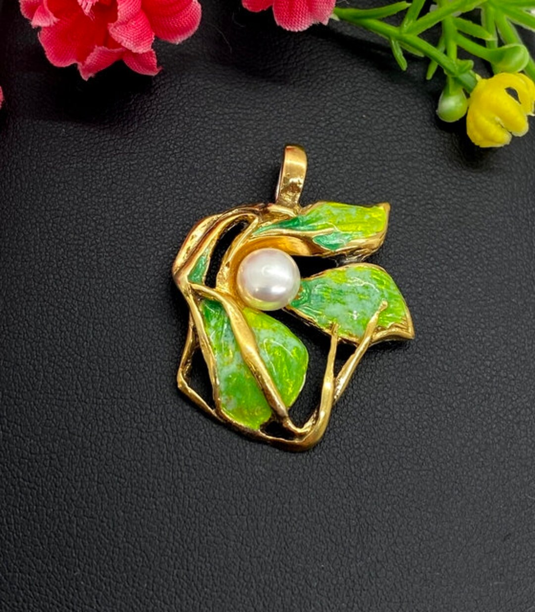 Enamel Pearl Pendant in Sterling Silver With 24k Gold Accents Etsy