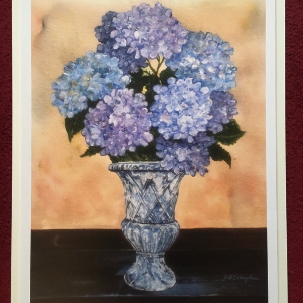 11 3/4 X 15 3/4 Print of Original Painting 'Hydrangeas in Ceramic Vase' - additional 1/2" white border all around image