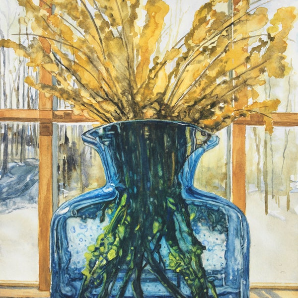 Giclee Reproduction of Original Watercolor - 'Blue Blenko Vase by Window' -12" X1 6" with minimum of one inch white border left all around