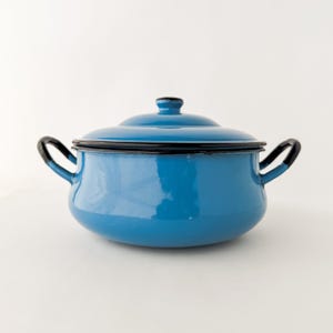 May include: A bright blue enamel pot with a matching lid and two black side handles. The pot features a rounded body and a black rim around the top edge and the lid. The surface is smooth and glossy, reflecting light across its curved exterior.