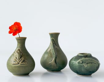 Studio Pottery Small Vases, Set of 3, Fish, Koi & Frog Design