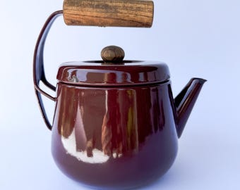 Vintage Brown Enamel Teapot with Wood Handle, Mid Century Modern Tea Kettle