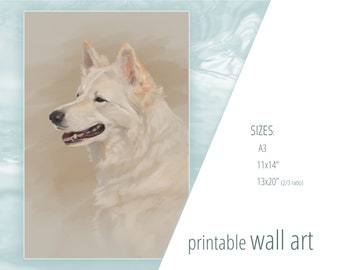 White Swiss Shepherd Dog Wall Art Printable, Berger Blanc Suisse, realistic, painterly, pet portrait, printables, Instant Download, JPG