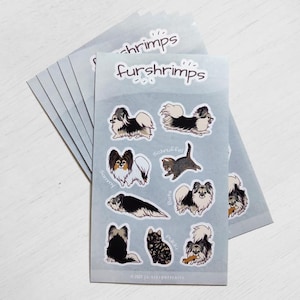 Sticker sheet - "furshrimps" | cat dog papillon chihuahua chion longhair playful happy stylized chibi cartoon vinyl laminated stickers