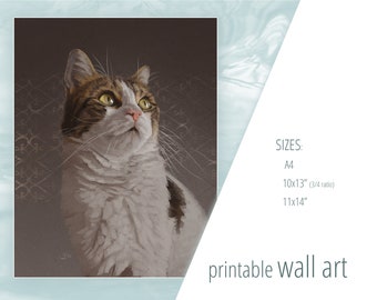 Cat Wall Art Printable 'Leo', tabby, bicolor, realistic, painterly, digital, pet portrait, printables, Instant Download, JPG